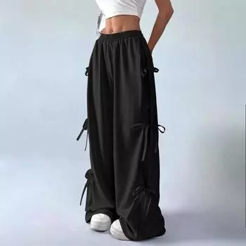 Весна и осень эластичный пояс однотонный бант ремешок модные повседневные прямые брюки Y2K в Европе и Америке S