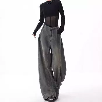 Весна и осень Американские ретро-стираемые широкие джинсы женские с высокой талией прямые брюки XL