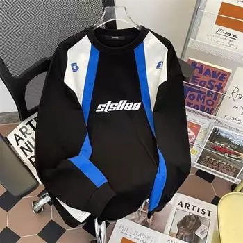 Весна и осень Американский мотоцикл Splicing круглый вырез толстовка мужская модный бренд Y2K ретро универсальный дизайн свободный Ins Top куртка M чёрный