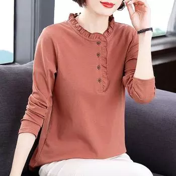 Весна и осень Базовая рубашка женская черная с ушным краем футболка с длинным рукавом женский топ M кирпич красный