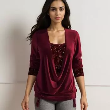 Весна и осень бисерный сетчатый длинный рукав женский большой глубокий вырез свободный шнурок ложный двухсекционный топ XXL чёрный