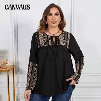 Весна и осень Большие размеры Круглый воротник Сращивание Печать Длинный рукав Женская рубашка XL чёрный