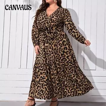 Весна и осень Большие размеры платья женские винтажные V-образный вырез леопардовый принт повседневные длинные платья 0XL