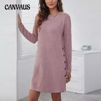 Весна и осень Большие размеры Повседневный свободный крой Круглый вырез Длинный рукав Женское платье S чёрный