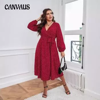 Весна и осень Большие размеры Свободное литературное темпераментное платье Пригородное платье в горошек с длинными рукавами 2XL красный