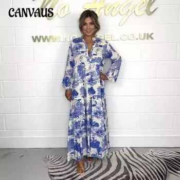 Весна и осень Большие размеры V-образный вырез расклешенные рукава принтованные повседневные платья женские длинные платья S синий