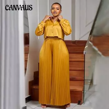Весна и осень Большие размеры Женская повседневная рубашка с длинным рукавом Топ Широкие брюки Костюм 1XL золотой