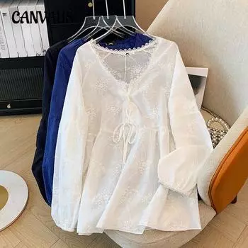 Весна и осень Большие размеры Женская рубашка-кукла Топы Корейская рубашка с V-образным вырезом и вышивкой на галстуке 2XL белый