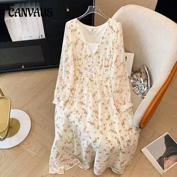 Весна и осень Большие размеры Женские платья Темперамент Цветочные платья с глубоким V-образным вырезом на талии 2XL абрикосовый