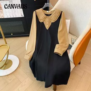 Весна и осень Большие размеры Женские платья с воротником-куколкой и длинными рукавами 2XL абрикосовый/чёрный