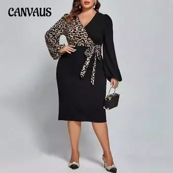 Весна и осень Большие размеры Женские платья Сексуальные платья с леопардовым принтом и V-образным вырезом в стиле колор-блок 0XL чёрный