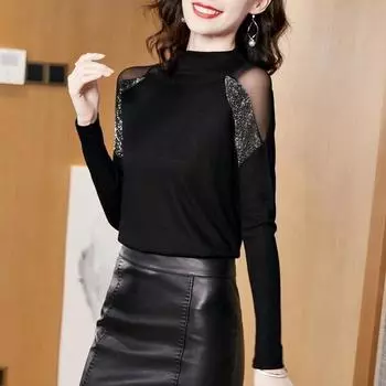 Весна и осень, черная рубашка с полувысоким воротником, женская с длинными рукавами, сетчатый топ с ромбовидным узором и длинными рукавами 3XL чёрный