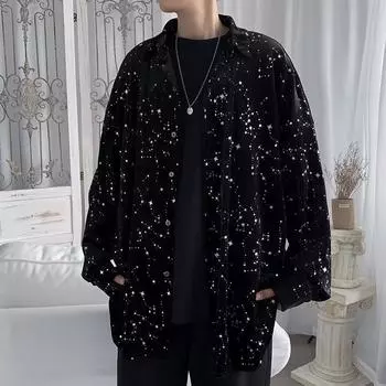 Весна и осень Черная Звездное небо Эластичная Драпированная Рубашка Мужская Повседневная Свободная Верхняя Одежда Блестящая Рубашка Молодежный Модный Кардиган M чёрный