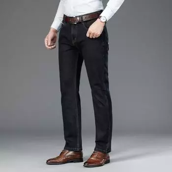 Весна и осень, чисто черные джинсы, мужские эластичные прямые брюки с высокой талией, универсальные деловые большие свободные мужские черные толстые брюки 28