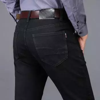 Весна и осень, чисто черные джинсы, мужские эластичные прямые брюки с высокой талией, универсальные деловые большие свободные мужские черные толстые брюки 28