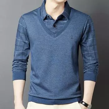 Весна и осень, деловая мужская футболка из двух частей с длинными рукавами для мужчин среднего и пожилого возраста, повседневный топ с лацканами в клетку M