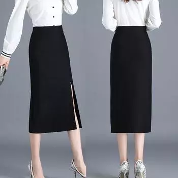Весна и осень Длинная юбка с высокой талией, эластичная юбка с мешковиной на бедрах, облегающая юбка, профессиональная юбка с разрезом спереди, однопроходная юбка для женщин XS чёрный