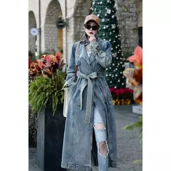 Весна и осень Длинное джинсовое пальто Женские пальто Куртки Тренч Пальто Женское пальто XS светло-синий