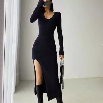 Весна и осень длинное рукава разрез сексуальное платье для женщин мода облегающий крой высокая талия длинные трикотажные платья женщины элегантный ретро однотонный повседневное платье 25986 One Size чёрный