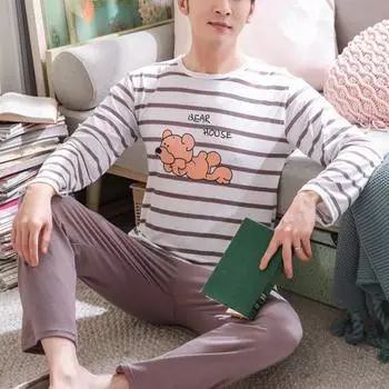 Весна и осень Длинные брюки с длинными рукавами Мужская пижама Домашняя одежда Свободная повседневная полосатая ночная рубашка Большие размеры Одежда для сна Одежда для отдыха L белый