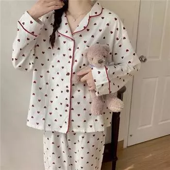 Весна и осень Длинные рукава Брюки Пижама Костюм Женский Лацкан INS Home Service XXL