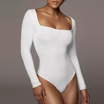 Весна и осень Длинные рукава Сексуальные Базовые Комбинезоны Женские Комбинезоны Облегающие Квадратный вырез Женский Комбинезон Модные Однотонные Повседневные Женские Боди 26139 S чёрный
