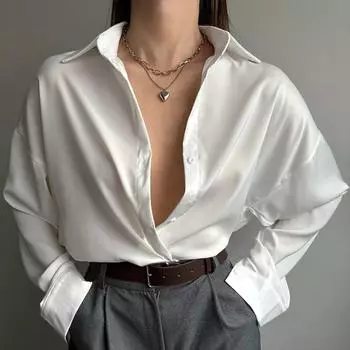 Весна и осень Длинные рукава Свободные женские рубашки Простые модные офисные женские блузки больших размеров Повседневные топы с пуговицами на лацканах Женская рубашка 26016 S чёрный