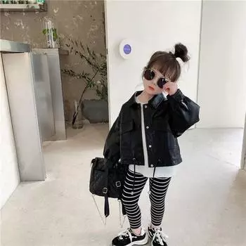 Весна и осень для девочек однотонная куртка из искусственной кожи с лацканами для детей среднего возраста с длинными рукавами, простая милая куртка 130 чёрный