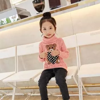 Весна и осень для девочек, свитер с высоким воротником и длинными рукавами, однотонный милый трикотаж 100