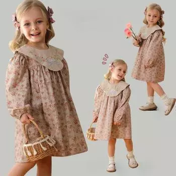 Весна и осень для девочек винтажное цветочное кукольное платье с воротником и вышитыми цветами, милое платье принцессы 90cm хаки