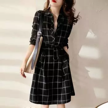 Весна и осень, французская клетчатая рубашка, юбка, тонкое платье с запахом на талии S чёрный