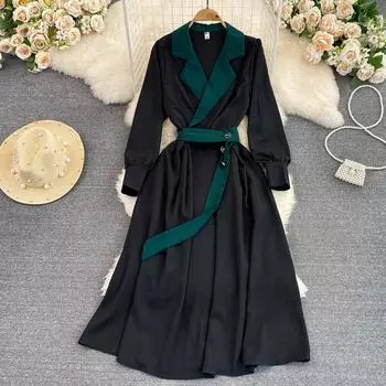 Весна и осень, французский костюм, воротник, цвет, завязка на талии, тонкое платье, элегантный темперамент, большая распашная длинная юбка One Size чёрный