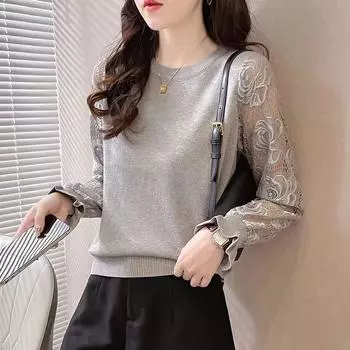 Весна и осень французский кружевной сращивание длинный рукав основа вязаный свитер женский тонкий стиль темперамент круглый вырез свитер топ S чёрный