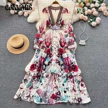 Весна и осень Французский стиль Темперамент Французское сетчатое платье Женское свободное А-силуэтное длинное платье с принтом S чёрный