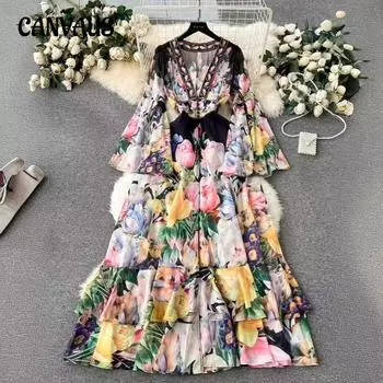 Весна и осень Французский стиль Темперамент Французское сетчатое платье Женское свободное А-силуэтное длинное платье с принтом S чёрный