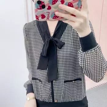 Весна и осень Хань Стиль Бренд Счетчик Женская Мода Темперамент Корейская Версия Шифон Универсальный Пуловер Рубашка С Узором Гусиная Клеточка M