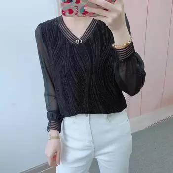 Весна и осень Hanpai Brand Counter Fashion Temperament Корейский стиль Яркий Шелковый Универсальный Однотонный Пуловер Рубашка L