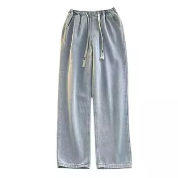 Весна и осень Harajuku в гонконгском стиле Простые свободные трендовые универсальные повседневные прямые длинные брюки на шнурке Джинсы для мужчин M серый