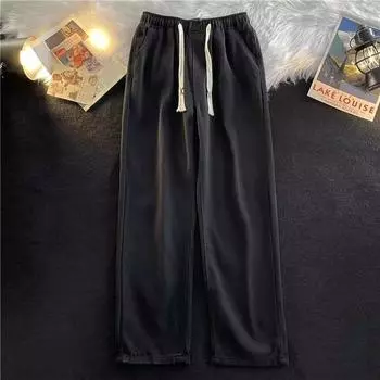 Весна и осень Harajuku в гонконгском стиле Простые свободные трендовые универсальные повседневные прямые длинные брюки на шнурке Джинсы для мужчин S темно-синий