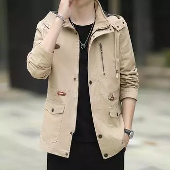 Весна и осень хлопковая стираная куртка мужская свободная повседневная новая тренчкот средняя и длинная куртка с несколькими карманами большой размер M
