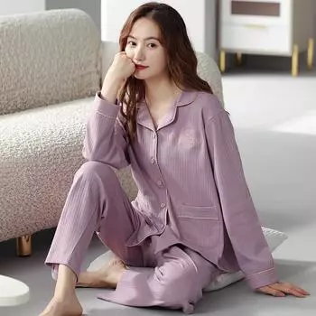 Весна и осень хлопок с длинными рукавами тонкий комплект женский свободный удобный кардиган домашняя пижама M темно-синий