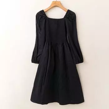 Весна и Осень Экспортный K-стиль Новое поступление Нежное Элегантное Эластичное Переплетенное Квадратный вырез Спущенное плечо Воротник Длинные рукава Платье Navy blue 155(32)