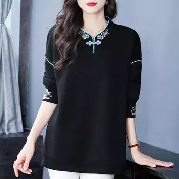 Весна и осень Китайский стиль Толстовки Женские пуловеры Повседневные толстовки Топы Женские XXXXXL чёрный