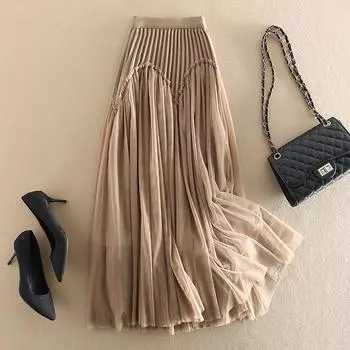 Весна и осень Классическая юбка средней длины с сетчатой строчкой А-силуэта Плиссированная юбка One size хаки