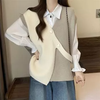 Весна и осень контрастный цветной свитер жилет с вышивкой для женщин дизайн нерегулярный свободный и тонкий безрукавный трикотажный жилет женский XXL чёрный