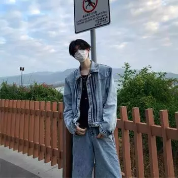 Весна и осень корейский стиль стираная джинсовая куртка мужская новый дизайн ретро уличный красивый повседневный свободный пиджак тренд M