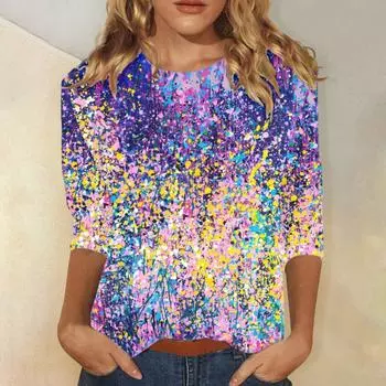 Весна и осень лето женская 3D красочная футболка новая с короткими рукавами круглый вырез рукав семь центов S