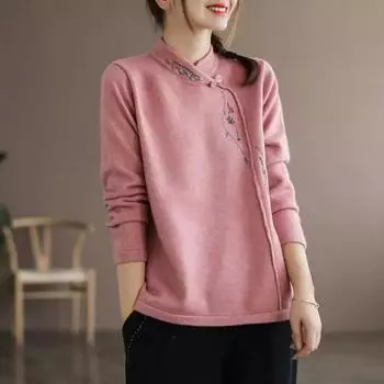 Весна и осень Литература и искусство Ретро этнический стиль Футболка с длинными рукавами и дисковыми пуговицами Женская верхняя одежда Свободная вышитая нижняя рубашка 4XL синий