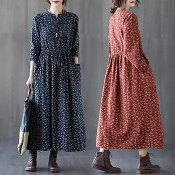Весна и осень, литература и искусство, свободное женское платье большого размера с дисковой пряжкой, маленькая юбка с цветочным принтом, тонкое платье из хлопка и льна на шнуровке XXL синий