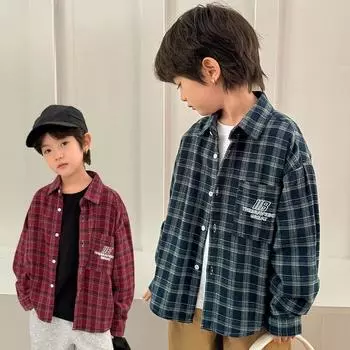 Весна и осень мальчики новая модная свободная клетчатая рубашка с длинным рукавом 110cm синий